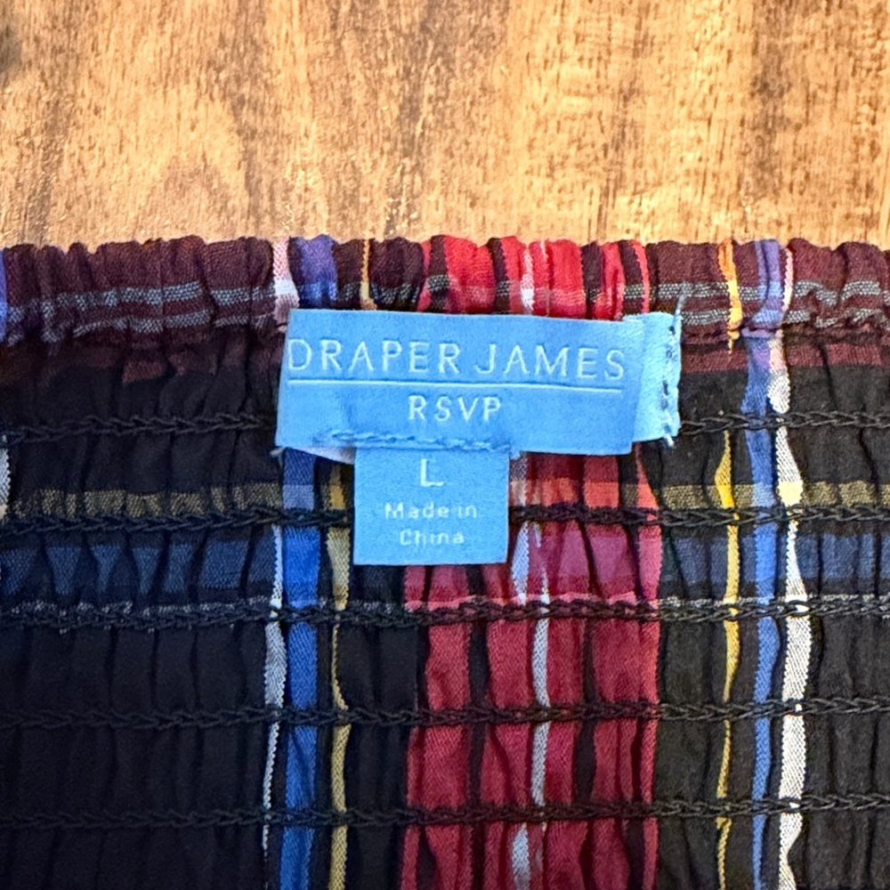 Draper James womens large Top Smocked Peplum Puff Sleeves Red Black Plaid nwot - Picture 7 of 9
